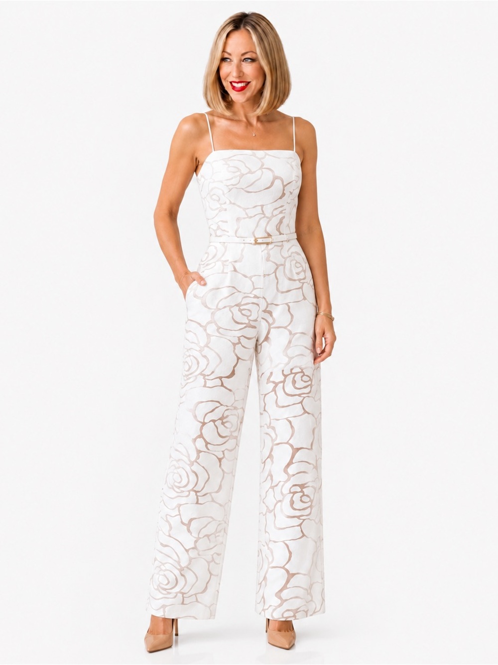 White Rose Textured Wide Leg Jumpsuit Elegant Wedding Guest